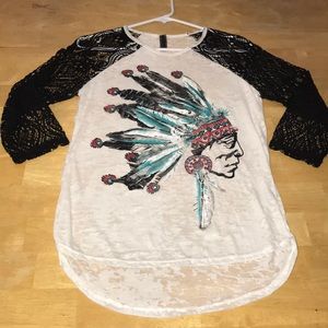 Indian Burnout Tee 3/4 Crochet Sleeve Size Small